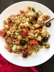 farro with vegetables and olives tossed in oil-free Italian dressing