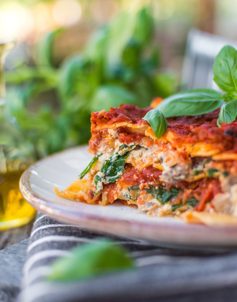 plant-based vegan lasagna on a plate on a table