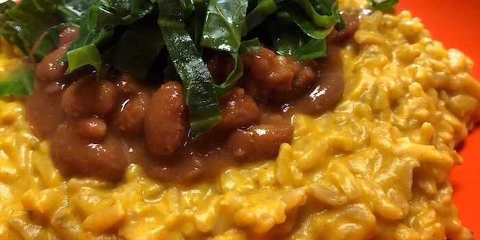 cheezy rice, beans and greens bowl