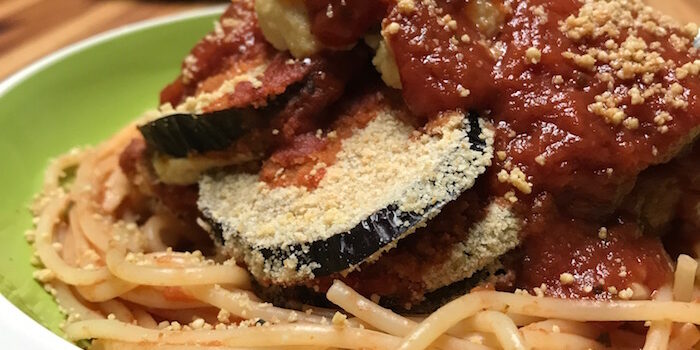 Eggplant Parm atop Spaghetti