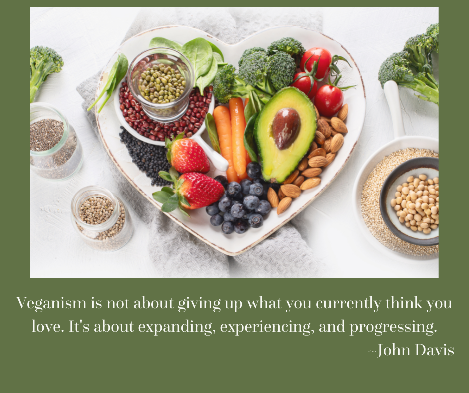 quote card with plant based foods - veggies, fruit, nuts, grains in heart bowl